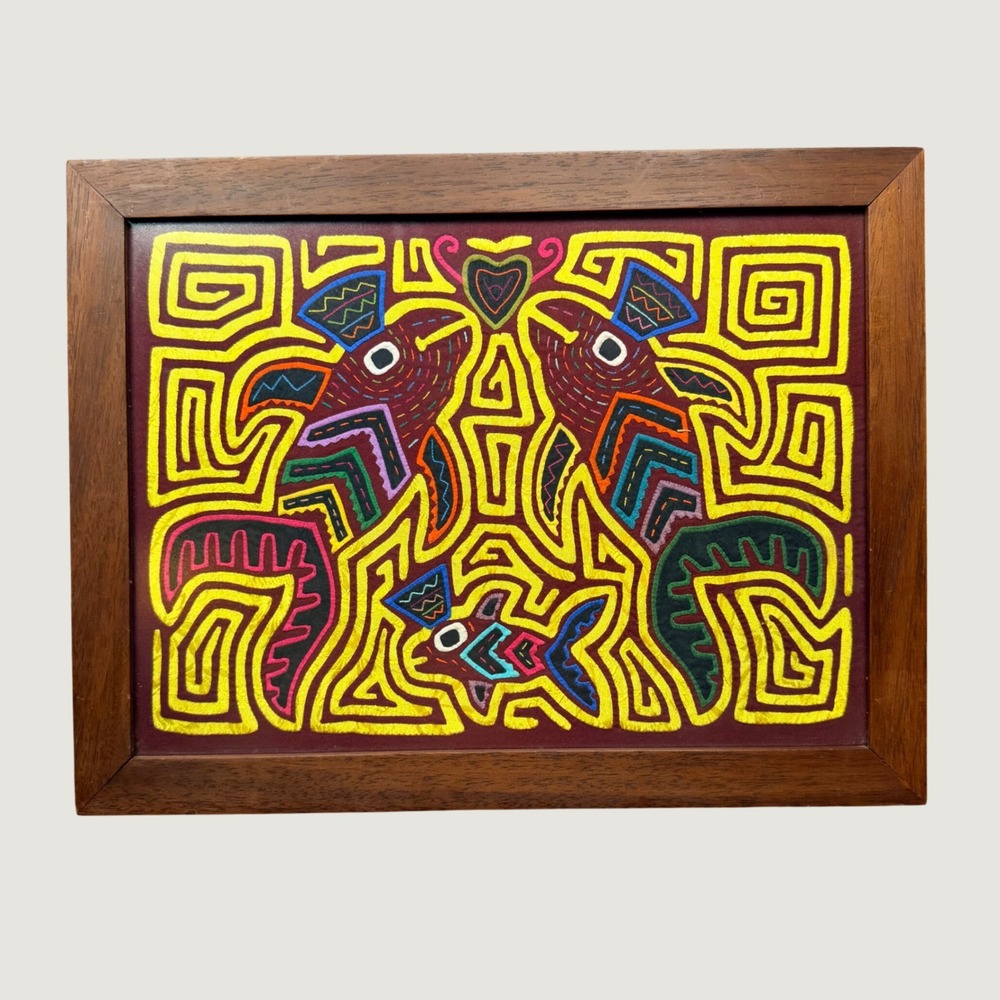 Vintage Framed Guna Mola Textile Art Panama Bird Fish Folk Art 17x13